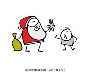 Feliz Navidad saludos. Ilustración vectorial malhumorado, niño mimado recibe un regalo de Santa Claus y no está feliz con el juguete. Unas vacaciones arruinadas. Personaje de doodle aislado sobre fondo blanco.