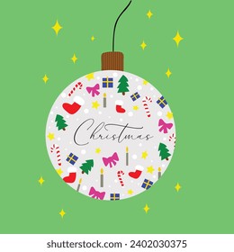 Merry Christmas greetings. Christmas vector illustrations. Crystal ball with Christmas ornaments, gifts and stockings