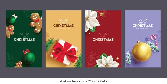 Merry christmas greetings vector poster set design. Christmas and happy new year invitation card with ginger bread, xmas balls, gift and poinsettia flower elements in elegant background. Vector 