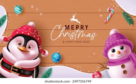 Merry christmas greetings vector template design. Christmas penguin and snowman characters with xmas balls elements and candy cane ornaments in wooden snow winter background. Vector illustration