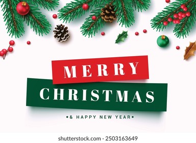 Merry christmas greetings vector template design. Christmas greeting text with pine tree leaves, holly red berries, spruce ornament and xmas balls elements in white decorative background. Vector 