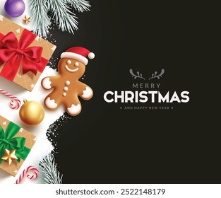 Merry christmas greetings vector template design. Christmas greeting text with ginger bread, gift boxes, spruce leaves, xmas balls, candy cane and stars elements in elegant snow black background. 