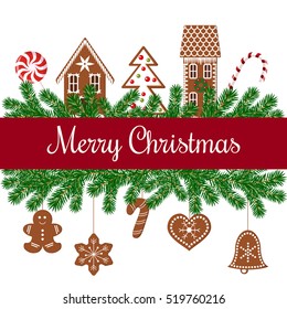 Merry christmas greetings. xmas tree garlands with gingerbread figures, red ribbon, ornament balls, fairy lights, bows. Vector illustration. For postcards, greetings, prints, textile, background,