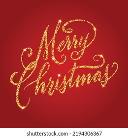 Merry christmas greetinig card with golden glitter lettering. Hand drawn text, gold calligraphy isolated over red background. Xmas holiday vector illustration.