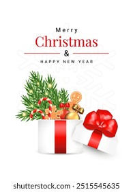 Merry Christmas greteeng banner, card with box with red bow filled with spruce branches, gingerbread, candy cane, New Year balls, Vector 3D illustration