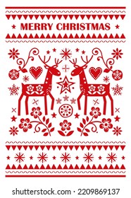 Merry Christmas greting card vector design 5x7 format - Scandinavian folk art style with reindeer and flowers. Festive retro Xmas pattern in red on white background, Nordic decoration

