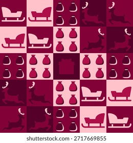 Merry Christmas grid pattern. Abstract minimalistic background with christmas reindeer, sleigh, bags, and gift box. Design for holiday and New Year celebration Flat vector illustration