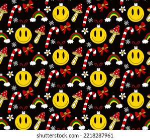 Feliz navidad Groove estilo 70 sin costura. Psicodelic hippie fondo de textura interminable. Ilustración del vector