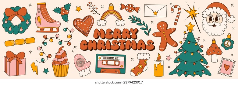 Merry Christmas. Groovy 70s Christmas sticker set. Trendy retro cartoon style elements.