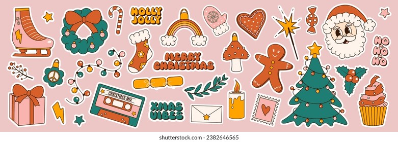 Merry Christmas. Groovy 70s Christmas sticker set. Trendy retro cartoon style elements.	
