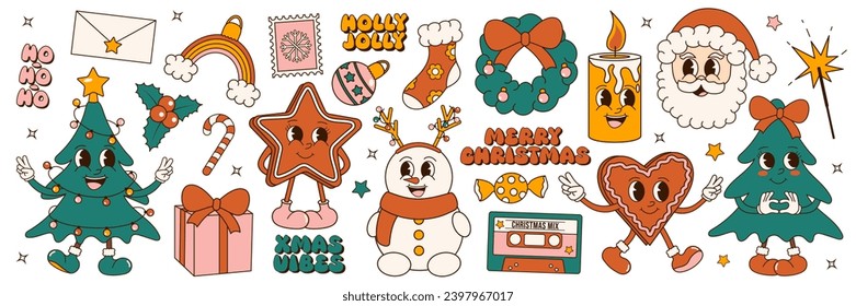 Merry Christmas. Groovy 70s Christmas sticker set. Trendy retro cartoon style elements and phrases