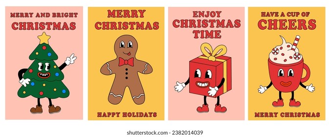 Merry Christmas Groovy Card Set. Christmas tree, Gingerbread Man, Gift Box, Cup in retro cartoon style. Greeting cards, template, posters, prints, party invitations and backgrounds. Vector flat.