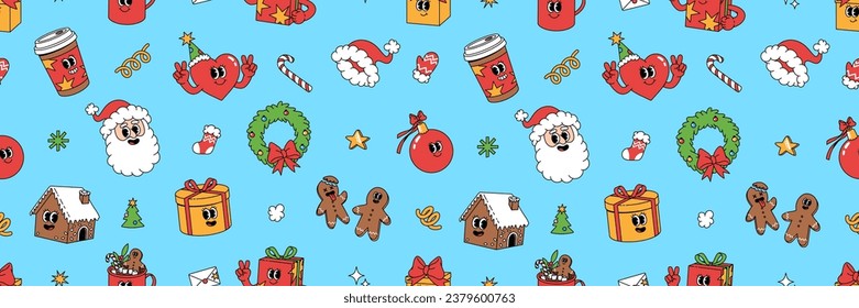 Feliz Navidad groovy divertida caricatura patrón sin fisuras. Santa Claus, árbol de Navidad, café y pelota en un moderno estilo de dibujos animados retro funky. Fondo de saludo, papel de envoltura, textil, papel tapiz.