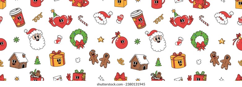 Merry Christmas groovy funny cartoon seamless pattern. Santa Claus, Christmas tree, coffee and ball in trendy funky retro cartoon style. Greeting background, wrapping paper, textile, wallpaper.