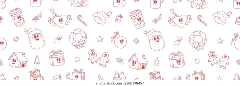 Merry Christmas groovy funny cartoon seamless pattern. Santa Claus, Christmas tree, coffee and ball in trendy funky retro cartoon style. Greeting background, wrapping paper, textile, wallpaper.