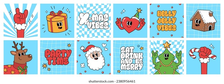 Merry Christmas groovy funny cartoon posters. Santa Claus, Christmas tree, coffee and ball in trendy funky retro cartoon style. Greeting square cards, template, posters, prints and backgrounds.