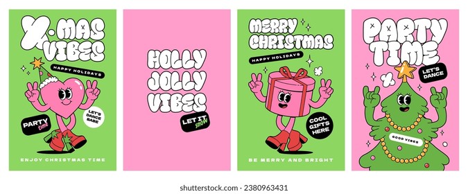 Merry Christmas groovy funny cartoon posters. Christmas tree,gift box and cute heart character in trendy funky retro cartoon style. Greeting cards, template, posters, prints and backgrounds.