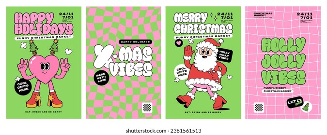 Merry Christmas groovy funny cartoon posters. Santa Claus and cute heart character in trendy funky retro cartoon style. Greeting cards, template, posters, prints and backgrounds.