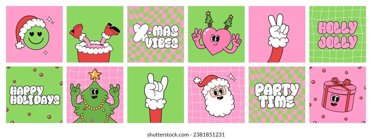 Merry Christmas groovy funny cartoon posters. Santa Claus, Christmas tree gift box and heart character in trendy funky retro style. Greeting square cards, template, posters, prints and backgrounds.