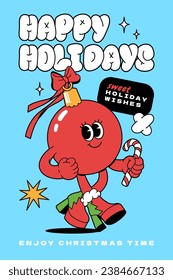 Merry Christmas groovy funny cartoon poster. Happy holidays and ball in trendy funky retro cartoon style. Greeting print card template and background.