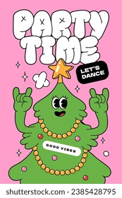 Merry Christmas groovy funny cartoon poster. Christmas tree character and party time bubble text in trendy funky retro cartoon style. Greeting card template print and background.