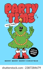 Merry Christmas groovy funny cartoon poster. Party time and Christmas tree in trendy funky retro cartoon style. Greeting print card template and background.