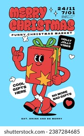 Merry Christmas groovy funny cartoon poster. Gift box character in trendy funky retro cartoon style. Greeting print card template and background.