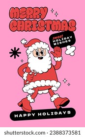 Merry Christmas groovy funny cartoon poster. Santa Claus in trendy funky retro cartoon style. Greeting print card template and background.