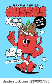 Merry Christmas groovy funny cartoon poster. Cheers and coffee in trendy funky retro cartoon style. Greeting print card template and background.