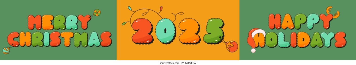 Merry Christmas groovy funny labels 2025 in yellow and green colors.