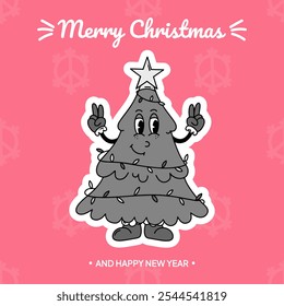 Merry Christmas groovy funny poster in retro style. Happy Holidays Illustration in pink, black and white colors for your designs. Vector Christmas tree. Greeting cards, template, prints