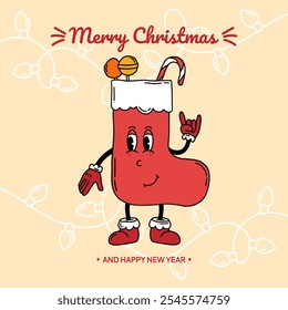 Merry Christmas groovy funny poster in retro style with Stocking. Happy Holidays Illustration for your designs. Greeting card, template, print and background