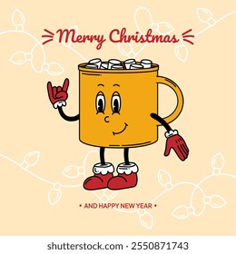 Merry Christmas groovy funny poster in retro style with mug of cocoa, marshmallows. Happy Holidays Illustration for your designs. Greeting card, template, print and background