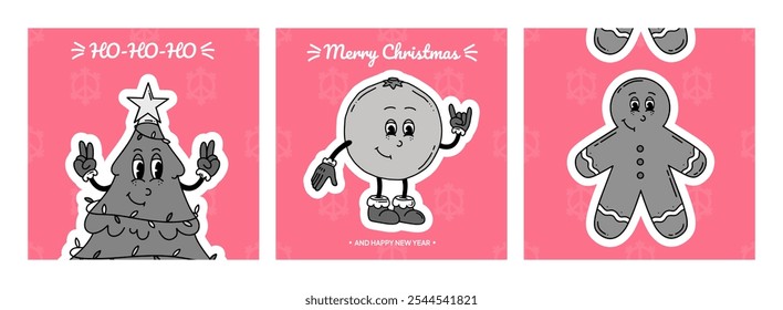 Merry Christmas groovy funny posters in retro style. Happy Holidays Illustrations in pink, black and white colors for your designs. Christmas tree, orange, mug gingerbread man. Greeting cards