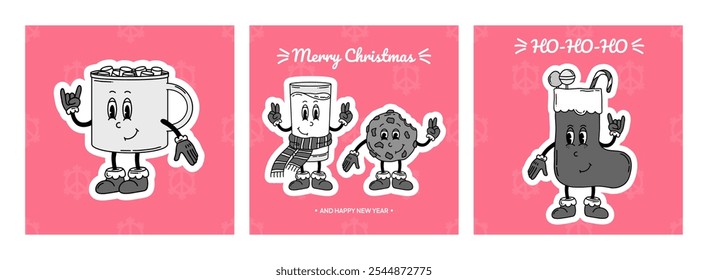 Merry Christmas groovy funny posters in retro style. Happy Holidays Illustrations in pink, black and white colors for your designs. Christmas Stocking, mug of cocoa, Milk, cookie