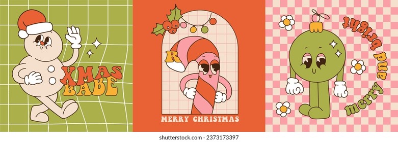 Merry Christmas groovy greeting cards set. Snowman, candy cane and xmas tree ball characters in trendy retro cartoon style. Square, posters, prints, party invitations template with cozy text. Vector