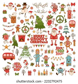 Un icono de Feliz Navidad encerrado en fondo blanco. Colección de elementos hippie de invierno de vacaciones en estilo retro de moda.Ilustración vectorial.