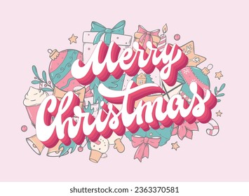 Merry christmas groovy lettering quote with doodles for posters, cards, prints, signs, invitations, banners, etc. EPS 10