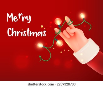 Merry Christmas groovy red background. Santa Claus hand shows finger up and shining garland . Holiday cartoon character. 3d vector illustration