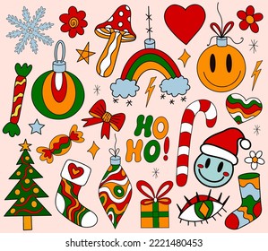 Merry Christmas groovy retro elementos de los años 70. Estilo de dibujo a mano de la colección de vacaciones hippie. Árbol de Navidad, copos de nieve, regalos colección de objetos modernos de moda