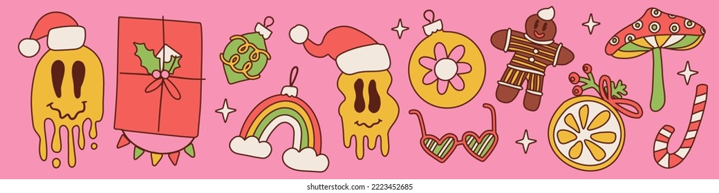 Merry Christmas groovy retro 70s elements set . Hippie holiday collection clip art hand drawing contour style. Santa hat, gingerbread, mushroom, gift modern trendy objects collection. Vector pack