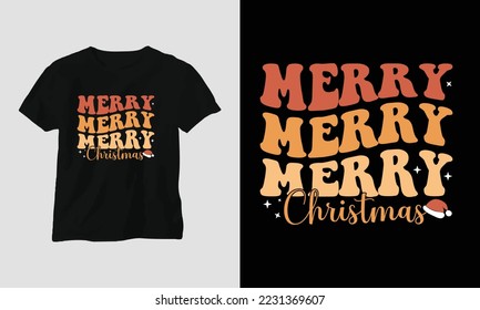 merry merry merry Christmas - Groovy Retro Christmas SVG T-shirt and apparel design. Vector print, typography, poster, emblem, festival, party, Black, gift, card, Craft Design, groovy, retro