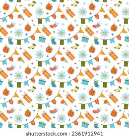 Merry Christmas groovy seamless pattern. Collection of hippie holiday winter elements in trendy old animation style. Groovy Christmas pattern