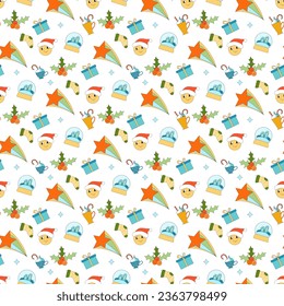 Merry Christmas groovy seamless pattern. Collection of hippie holiday winter elements in trendy old animation style. Groovy Christmas pattern