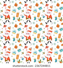 Merry Christmas groovy seamless pattern. Collection of hippie holiday winter elements in trendy old animation style. Groovy Christmas pattern