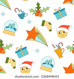 Fröhliches Weihnachtsbaum nahtloses Muster. Kollektion von Hippie-Urlaub Winterelementen im angesagten Stil der alten Animation. Groovannisches Weihnachtsmuster