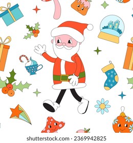 Merry Christmas groovy seamless pattern. Collection of hippie holiday winter elements in trendy old animation style. Groovy Christmas pattern