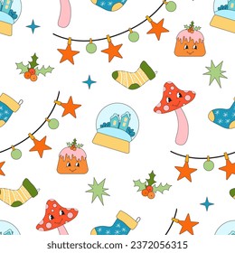 Merry Christmas groovy seamless pattern. Collection of hippie holiday winter elements in trendy old animation style. Groovy Christmas pattern