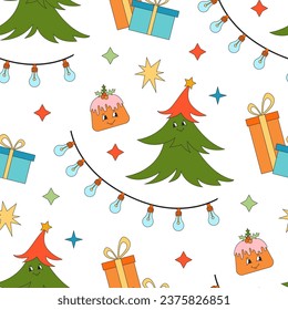 Merry Christmas groovy seamless pattern. Collection of hippie holiday winter elements in trendy old animation style. Groovy Christmas pattern