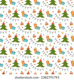 Merry Christmas groovy seamless pattern. Collection of hippie holiday winter elements in trendy old animation style. Groovy Christmas pattern
